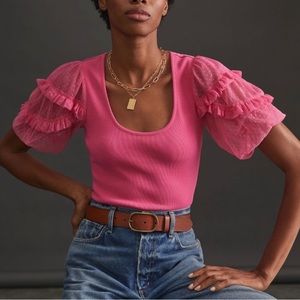 Anthropologie Maeve Pink Ruffle Polka Dot Mesh Sleeve Blouse Size Medium